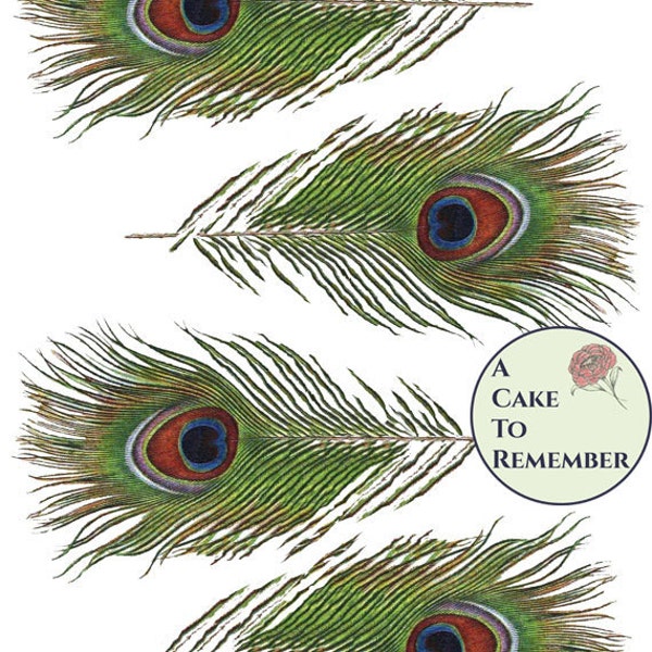 8 Edible peacock feathers, 2 full sheets of four wafer paper feathers to cut out yourself. Use for cake decorating or cupcake decorating.