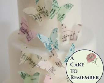 24 sheet music edible butterflies for cake toppers, music note butterfly cupcake toppers. Wedding and birthday cakes, music school graduates