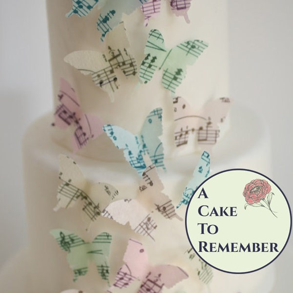 24 sheet music edible butterflies for cake toppers, music note butterfly cupcake toppers. Wedding and birthday cakes, music school graduates