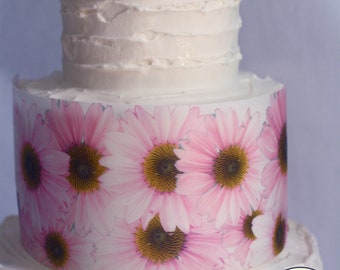 Pink daisies wafer paper cake floral border wrap for cake decorating. Edible flower paper to wrap a buttercream or fondant cake tier