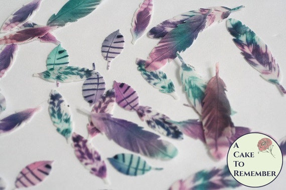 35 boho baby shower small edible feathers, pink, purple and teal, unique cake topper, wafer paper feathers, cupcake topper, cake pops Il_570xn