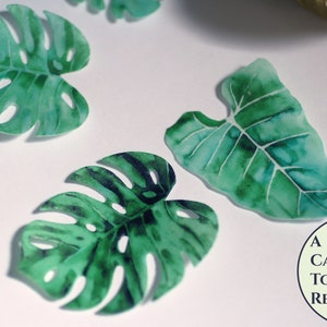 12 tropical leaves edible cupcake toppers, 2 wide. Luau wafer paper Monstera leaves for summer parties or wild one birthday/baby shower Bild 6