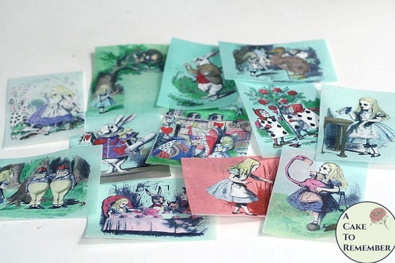 12 Classic Alice Adventures In Wonderland edible wafer paper images, 2.5" x 3.5" pictures for cookie decorating. Good for vegan cakes Il_570xn