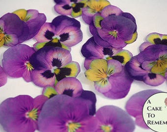 24 purple and yellow edible wafer paper pansies, 1.5" - 2" wafer paper flower cupcake toppers good for  cakes and cookies, pansy flower