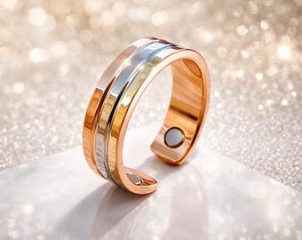 Magnetische ring - Verstelbare ring - Driekleurige koperen ring met drie goudlegeringen - Therapeutische ring voor slaap, ontstekingsremming…
