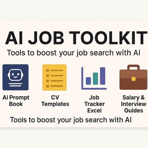 Pode incluir: Imagem "AI JOB TOOLKIT" com o slogan "Tools to boost your job search with AI". Apresenta ícones para AI Prompt Book, CV Templates, Job Tracker Excel e Salary & Interview Guides, projetados para auxiliar quem procura emprego.