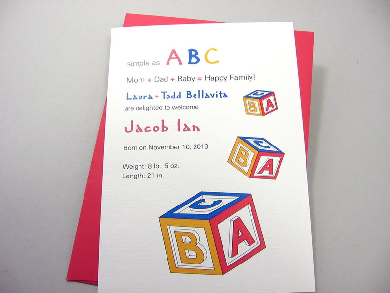 Custom Birth Announcement Baby Red Blue Yellow ABC Blocks Shower Invitation Adoption