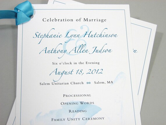 Wedding Ceremony Program One Page Custom Traditional Blue Etsy
