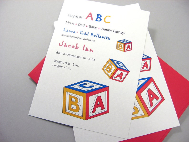 Custom Birth Announcement Baby Red Blue Yellow ABC Blocks Shower Invitation Adoption