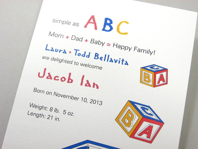 Custom Birth Announcement Baby Red Blue Yellow ABC Blocks Shower Invitation Adoption