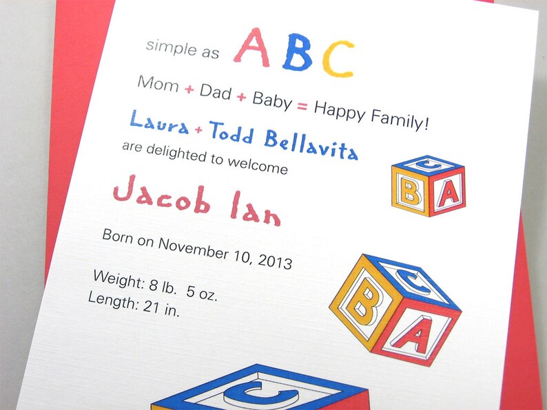 Custom Birth Announcement Baby Red Blue Yellow ABC Blocks Shower Invitation Adoption