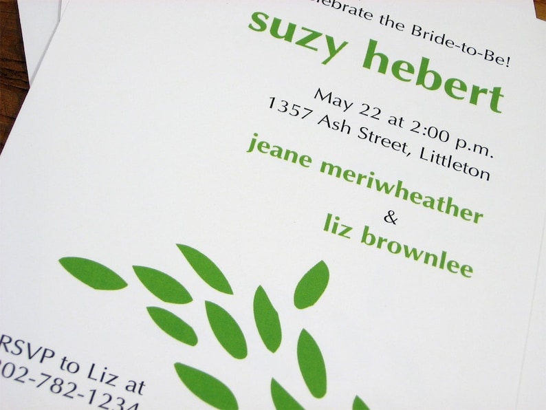 Bridal Shower Invitation Casual Bright Green Leaves Informal Wedding Shower Bridesmaids Custom Invite
