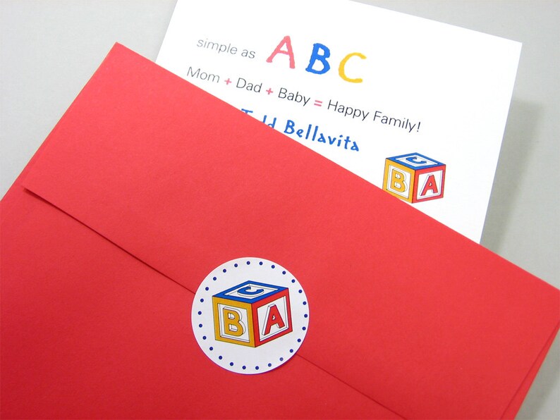 Custom Birth Announcement Baby Red Blue Yellow ABC Blocks Shower Invitation Adoption