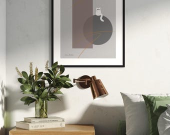 Minimalistische weiße Katzen Kunst Druck: Geometrisch abstrakte Illustration (Digital Download 48,5 x 70 cm)