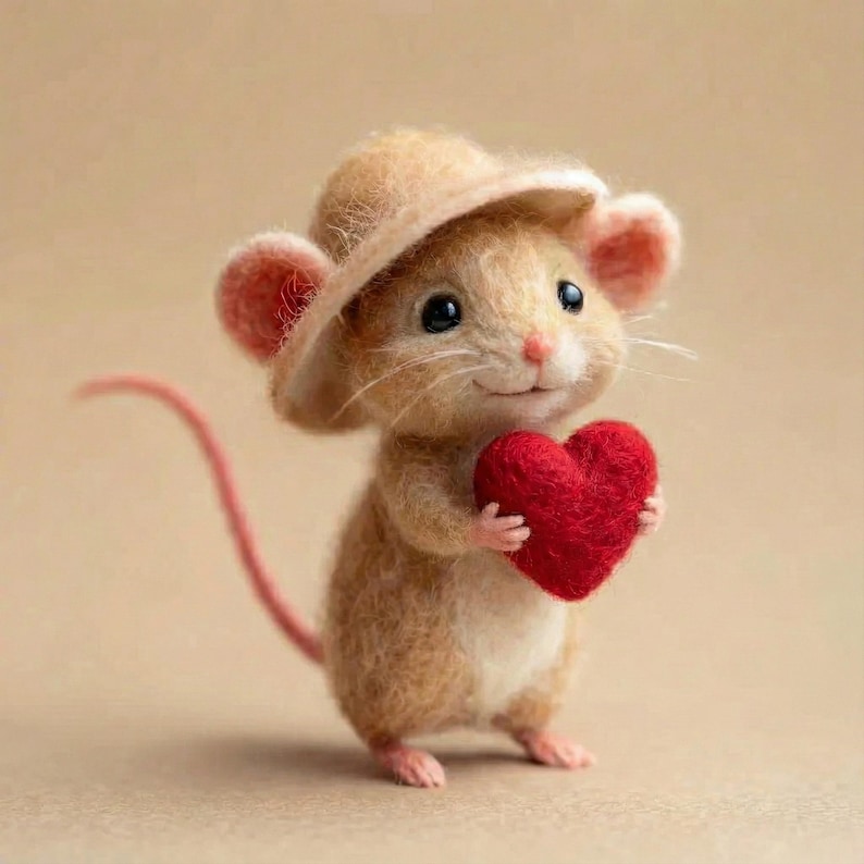 Needle Felted Mouse Figurine, Wool Character Statue,Handmade Storybook Mouse,Felt Ornament heart