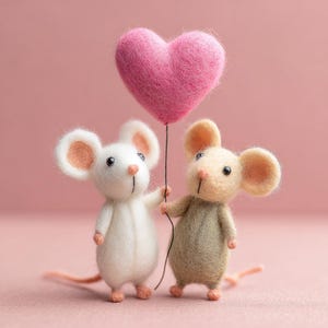 May include: Two felt mice, one white and one beige, stand side-by-side against a pink background. The white mouse holds a pink heart-shaped balloon. The beige mouse wears a green outfit. The mice have pink ears and tails.