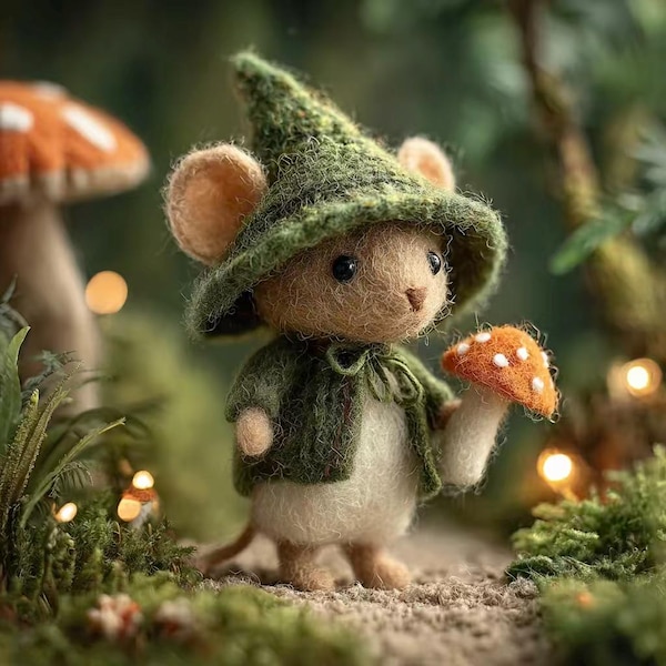 Natural Wool Needle Felted Mouse Figurine Collectible Animal Sculpture, 8cm Height