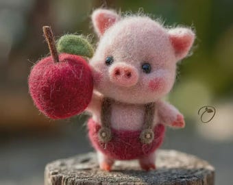 Natural Wool Needle Felted Pink Pig Ornament Collectible Animal Sculpture, 8cm Height