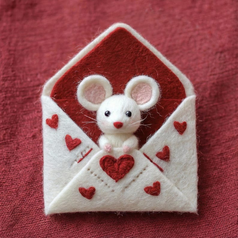 May include: A white felt mouse with pink ears and a red nose peeks out of a white envelope with red hearts. The envelope has a red interior and is decorated with small red hearts.