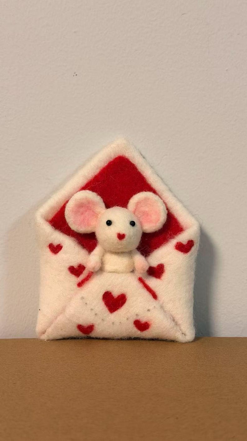 Needle Felted Mouse, Valentine's Day Gift, Wool Animal with Heart, Romantic Decor image 14