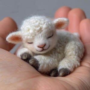 May include: A miniature, sleeping lamb figurine with soft, white wool. The lamb has closed eyes, pink ears, and a pink nose. Its dark grey hooves are visible. The lamb is nestled in a person's open hand.