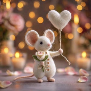 May include: A white felt mouse figurine holding a white heart-shaped balloon and a pink rose. The mouse wears a buttoned vest and has pink-lined ears. The background features soft bokeh lights and rose petals.