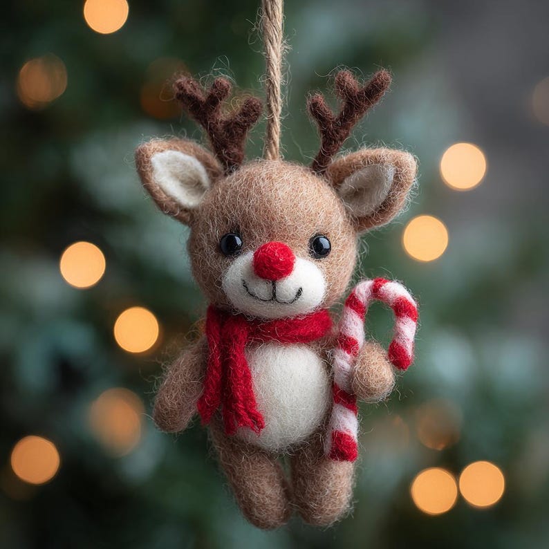 Puede incluir: Adorno navide&ntilde;o artesanal con forma de reno. El reno marr&oacute;n tiene una nariz y bufanda rojas, y sostiene un bast&oacute;n de caramelo. Est&aacute; hecho de fieltro y tiene cuernos marrones. El adorno cuelga de una cuerda de hilo. Fondo verde borroso con luces bokeh.