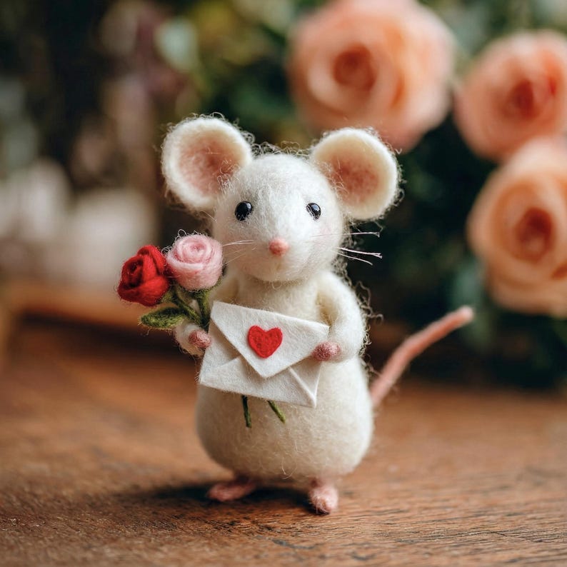 May include: A handcrafted white felt mouse figurine holding a bouquet of a red rose and a pink rose, and a small white envelope with a red heart. The mouse has large ears and a pink tail. The background features blurred peach-colored roses.
