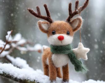 May include: A handcrafted reindeer figurine with brown fur, a red nose, and a green scarf. The reindeer is holding a white star and stands on a snow-covered branch. A charming Christmas decoration.