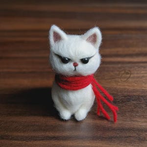 Natural Wool Needle Felted White Cat Figurine Red Scarf 8cm Height