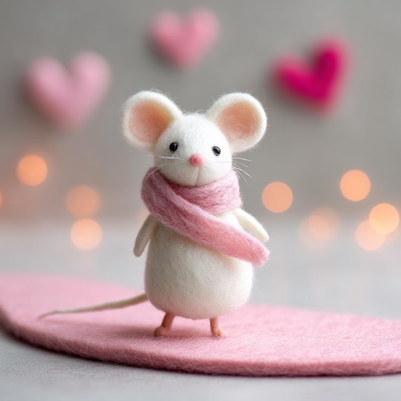 May include: A handcrafted white felt mouse wearing a pink scarf, standing on a pink felt surface. The mouse has large, round ears, a pink nose, and small black eyes. Soft pink felt hearts are in the background, with bokeh lights.