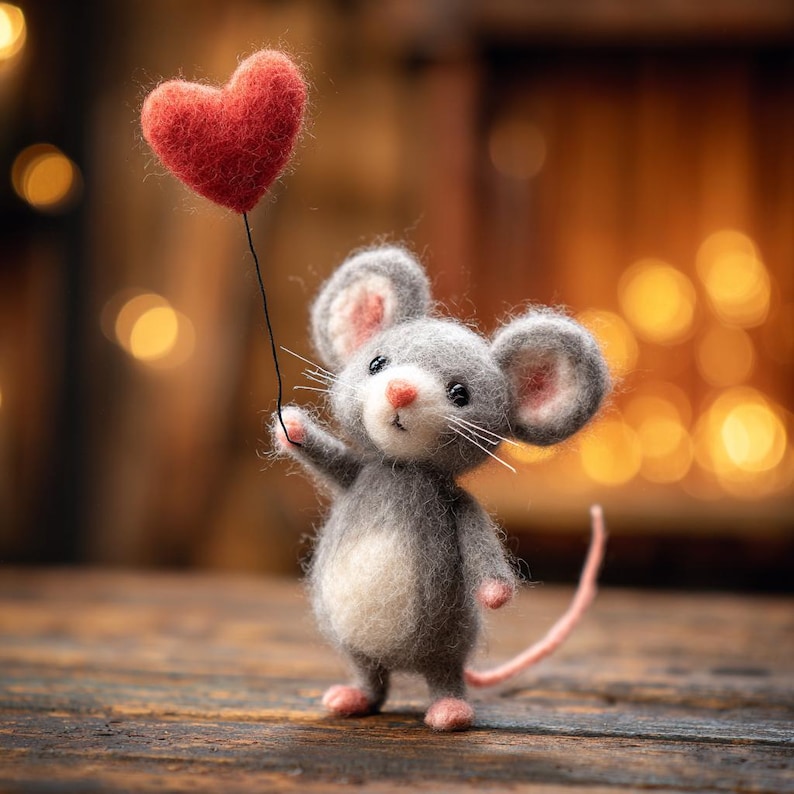 May include: A gray felt mouse figurine holding a red heart-shaped balloon. The mouse has large ears with pink inner ears, a pink nose, and pink feet. The background is blurred with warm, golden tones.