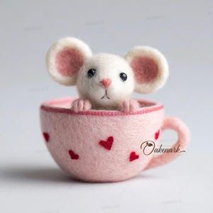 Natural Wool Needle Felted Mouse in Pink Heart Teacup Figurine, 8cm Height