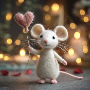 May include: A handcrafted white mouse figurine holding a pink heart-shaped balloon. The mouse has large ears, a pink nose, and small pink feet. The background features soft, blurred golden lights, creating a warm and whimsical scene.