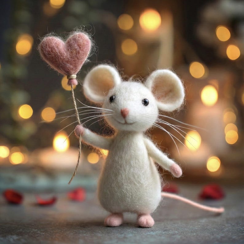 May include: A handcrafted white mouse figurine holding a pink heart-shaped balloon. The mouse has large ears, a pink nose, and small pink feet. The background features soft, blurred golden lights, creating a warm and whimsical scene.