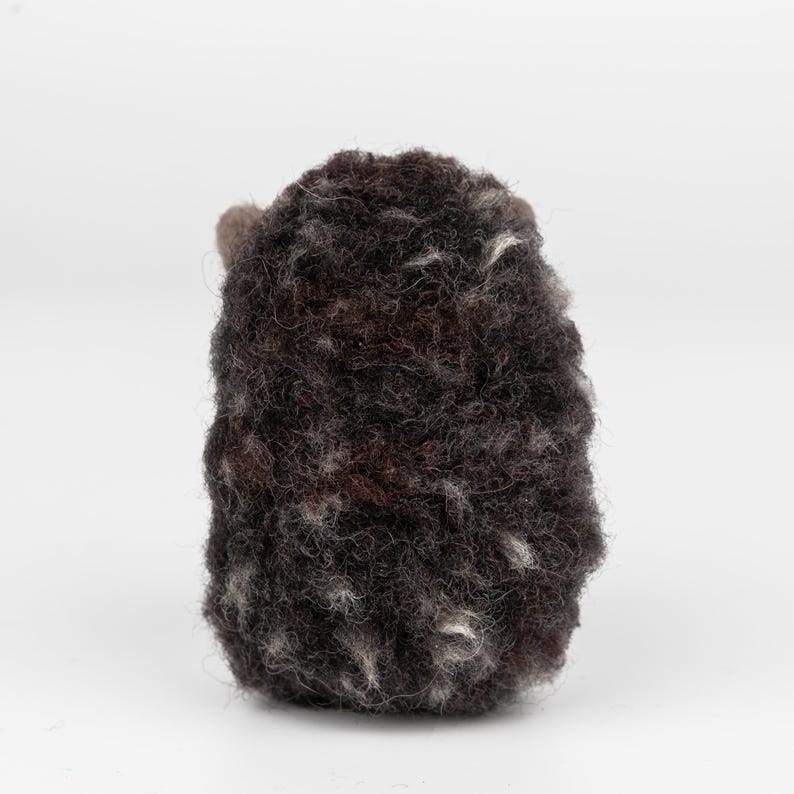 May include: A handmade, dark brown felted wool hedgehog figurine with gray and white flecks. The hedgehog has small, rounded ears and a textured, spiky appearance. The craft item is set against a plain white background.