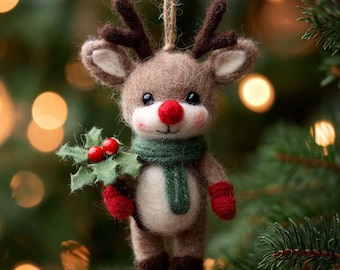 Felt Reindeer Ornament, Wool Animal Statue, Woodland Decor, Handmade Figurine