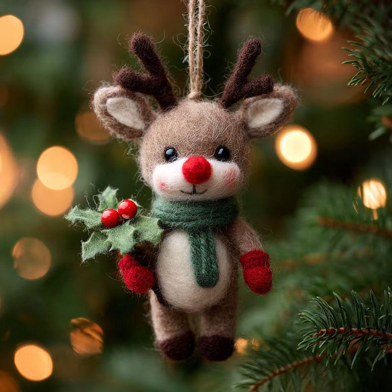 Puede incluir: Adorno navide&ntilde;o hecho a mano con forma de reno. El reno de peluche marr&oacute;n tiene una nariz roja, cuernos marrones, una bufanda verde y mitones rojos. Sostiene una ramita de acebo con bayas rojas. Colgante de una cuerda.
