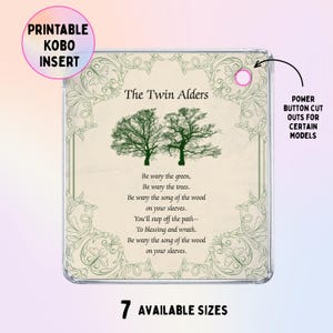 Könnte beinhalten: Ein quadratischer, druckbarer Kobo-Einsatz mit cremefarbenem Hintergrund und grünem, verziertem Rand. Der Text lautet The Twin Alders, gefolgt von einem Gedicht über Bäume und einer grünen Abbildung zweier Bäume. Ein rosa Kreis markiert den Ausschnitt.