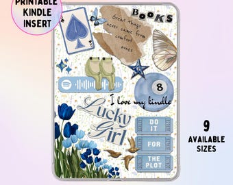 Blue Aesthetic Kindle Insert Printable | Lucky Girl Kindle Case Insert | Bookish Collage Insert | Coquette Kindle Decor | Digital Download