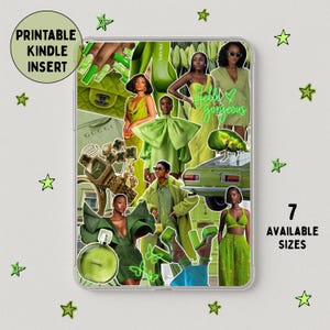 May include: A clear case featuring a collage of green fashion items and accessories. The collage includes images of clothing, shoes, handbags, and jewelry. Text on the case reads "Printable Kindle Insert", "Hello gorgeous", and "7 Available Sizes".