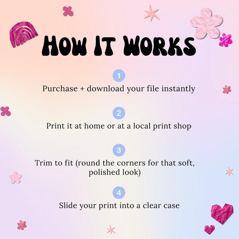 Op de afbeelding: Een pastelkleurige afbeelding met de tekst "HOW IT WORKS" in het zwart. De stappen omvatten het kopen en downloaden van een bestand, het afdrukken, bijsnijden en in een doorzichtige hoes schuiven. Decoratieve elementen zijn bloemen, sterren en een regenboog.