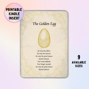 Könnte beinhalten: Ein rechteckiger, druckbarer Kindle-Einsatz mit cremefarbenem Hintergrund und goldenen Filigranrändern. Der Text lautet The Golden Egg über einer goldenen Eierillustration und einem Gedicht über Gier. Das Design enthält Text zu 9 verfügbaren Größen.
