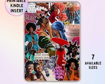 Op de afbeelding: Een rechthoekige, printbare Kindle-inzet met een collage van diverse afbeeldingen, waaronder portretten van zwarte vrouwen, een kaars met de tekst "GIRL, YOU NEED TO CALM THE F DOWN", vlinders, rode rozen en de tekst "SINGLE TAKEN BUILDING MY EMPIRE" en "LOVE YOUR BROWN SKIN."