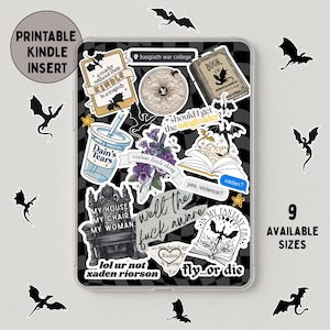 May include: A Kindle insert featuring various stickers with fantasy-themed text and graphics, including dragons, books, and quotes like "fly or die." The insert is surrounded by dragon silhouettes and available in 9 sizes.