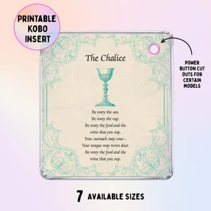 Könnte beinhalten: Ein quadratischer, druckbarer Kobo-Einsatz mit cremefarbenem Hintergrund und türkisfarbenem Zierrand. In der Mitte befindet sich eine türkisfarbene Kelch-Illustration über dem Text: The Chalice, Be wary the sea, Be wary the cup, Be wary the food and the wine that you sup. Your stomach may sour-- Your tongue may twist dour. Be wary the food and the wine that you sup.