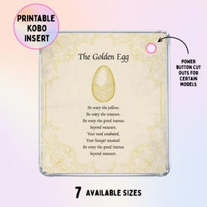 Könnte beinhalten: Ein quadratischer, bedruckbarer Kobo-Einsatz mit cremefarbenem Hintergrund und goldenen Filigranrändern. Der Text lautet The Golden Egg, gefolgt von einem Gedicht und einer goldenen Eiergrafik. Ein kleiner rosa Kreis markiert den Ausschnitt.