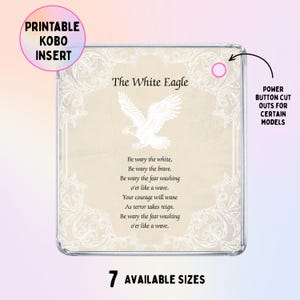 Könnte beinhalten: Ein quadratischer, bedruckbarer Kobo-Einsatz mit beigem Hintergrund, einer weißen Adlerillustration und dem Text The White Eagle, gefolgt von einem Gedicht. Das Design enthält einen weißen dekorativen Rand und einen runden Ausschnitt für den Power-Button.