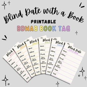 May include: A collection of printable "Blind Date with a Book" tags. Each tag features prompts for genre, setting, mood, time period, date published, pages, and a hint. The tags are in various colors and are designed for book lovers.