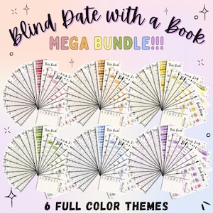 May include: A Blind Date with a Book MEGA BUNDLE featuring six full-color themes of printed reading log cards. Each set includes fan-folded paper trackers with checkboxes, date fields, and book rating icons in pink, orange, yellow, green, blue, and purple.
